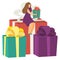 Tiny female character sitting christmas present box, nativity mood concept, woman hold xmax gift flat vector