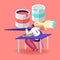 Tiny Female Character Sitting at Desk Assemble Colorful Glass Pieces at Huge Paint Buckets and Brush