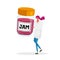 Tiny Female Character in White Medical Robe Hold Huge Glass Jar with Jam. Confectionery Factory Sweet Dessert Production