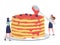 Tiny Female Characters Pouring Huge Stack of Fresh Hot Pancakes with Sweet Syrup and Decorate with Fresh Berries