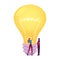 Tiny Female Characters Stand at Huge Glowing Light Bulb with Brand Inscription. Promoter Explain to Customer