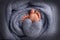 The tiny foot of a newborn baby. Soft feet of a new born in a blue blanket. Close up of toes, heels and feet of newborn.