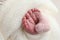 The tiny foot of a newborn baby. Soft feet of a new born in a white wool blanket