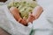 Tiny foots of newborn baby. Body of baby lying on back in bed.