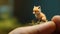 A tiny fox sitting on the tip of the finger, macro shot, miniaturecore, natural phenomena