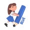 Tiny Girl Holding Huge Blue Pencil, Cute Girl in Blue Skirt and White T-shirt Drawing with Large Crayon Cartoon Style