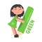 Tiny Girl Holding Huge Green Pencil, Cute Girl in Green Dress Drawing with Large Crayon Cartoon Style Vector