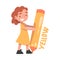 Tiny Girl Holding Huge Yellow Pencil, Cute Girl in Yellow Dress Drawing with Large Crayon Cartoon Style Vector