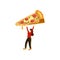 A tiny girl holds a giant slice of pizza above her head