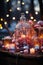 tiny glass gifts and decorations in the winter forest, decorated for Christmas or New Year\\\'s holiday, garlands, a fairy-tale