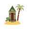 Tiny green beach hut with fish sign on small sand island with palm tree.