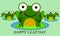 A tiny green frogs sits on a lily pad in a calm pond happy leap day