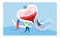 Tiny group character male female carry heart medical dropper with blood isolated on blue, flat vector illustration