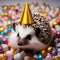 A tiny hedgehog wearing a party hat and standing in a pile of confetti1