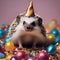 A tiny hedgehog wearing a party hat and standing in a pile of confetti4