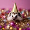A tiny hedgehog wearing a party hat and standing in a pile of confetti5