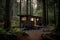 tiny home on wheels, parked in tranquil forest