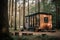 tiny home on wheels, parked in tranquil forest