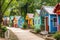 a tiny house community filled with whimsical, colorful homes in a park setting