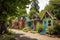 a tiny house community filled with whimsical, colorful homes in a park setting
