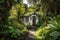 tiny house, surrounded by lush greenery, in serene and peaceful setting