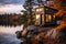 tiny house on wheels parked near a scenic lake