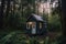 tiny house on wheels, parked in quiet forest