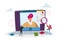 Tiny Hr Department Employee Characters Read Candidate Resume on Huge Pc Screen for Online Interview and Work Employment