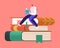 Tiny Male Character Bookworm Reading in Library Sitting on Huge Pile of Books. Young Man Student