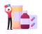 Tiny Male Character Holding Vitamin Capsule or Drug Pill Stand at Huge Bottle and Blister with Medication Tablets