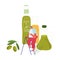 Tiny Male Character Stand on Ladder at Huge Extra Virgin Olive Oil Glass Bottles and Green Fresh Olives Branch Isolated