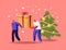 Tiny Male Characters Pull Huge Gifts Box on Snowy Background with Decorated Fir Tree. Winter Season Holidays, Christmas