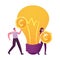 Tiny Male and Female Characters Carry Golden Money Coins at Huge Glowing Lightbulb. People Sponsoring Creative Business