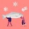 Tiny Male and Female Characters Carry Huge Frozen Fish with Snow Flakes and Ice Cubes around. Healthy Refrigerated Food