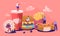 Tiny Male and Female Characters Interacting with Fastfood. Huge Burger, Hot Dog with Mustard, French Fries, Donut, Soda Drink