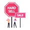 Tiny Male and Female Characters Suffer of Intrusive Adware Stand at Huge Hard Sell and Sale Promo Advertisement Banners