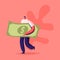 Tiny Man Carry Holding Huge Dollar Banknote Going to Buy Something. Male Character with Money Cash