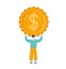Tiny Man give coin with dollar vector finance sign. Business growth illustration for smart investment concept. Profit