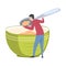 Tiny Man Holding Huge Spoon and Eating Cereal Out of Large Bowl Vector Illustration