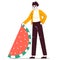 Tiny man with watermelon. Male character carrying sweet fruit slice, guy holding huge watermelon flat vector illustration on white