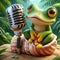 A tiny microphone fashioned from a polished seashell, with a cute and adorable froggy, in a jungle, cartoon, digital art