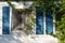 Tiny mobile house window with blue shutters and green leaves growing on