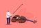 Tiny Musician Character with Huge Violin and Bow. Man with String Instrument Perform on Stage. Symphony Orchestra