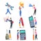 Tiny People Characters Holding Huge Objects, Young Men and Women Carrying Giant Wrench, Light Bulb, Mobile Phone