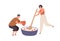 Tiny people cooking healthy food for breakfast. Scene of man and woman with porridge. Person adding strawberry into huge