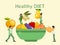 Tiny people cooking huge food salad vector illustration. Healthy diet and little people concept. People cooking huge