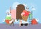 Tiny people decorating ice cream with strawberries, beach woman eating icecream, vector flat illustration