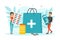 Tiny People with Huge Shopping Bag with Tablets, Pills Medications Cartoon Vector Illustration