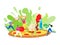 Tiny people making pizza, cooking concept, cartoon characters teamwork together, vector illustration