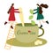 Tiny people METAPHOR, tiny people make green tea in a big cup, a toy world, conceptual illustration